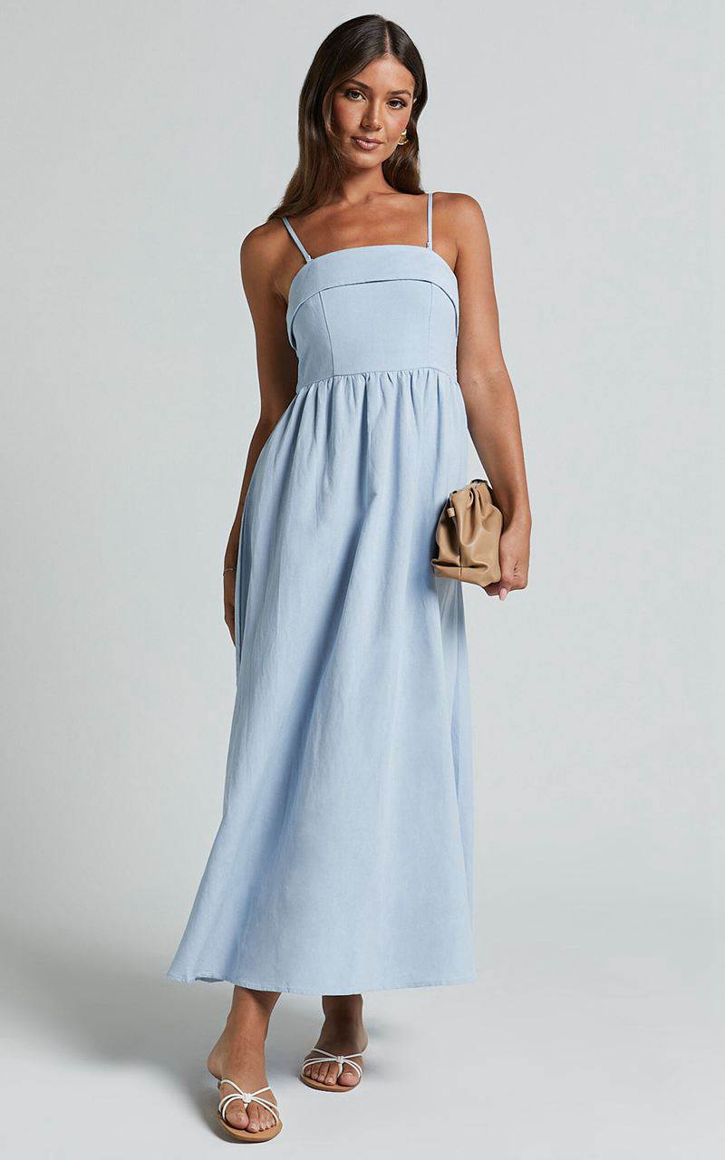 Showpo Carlyn Midi Dress - Linen Look Detachable Straps Blue | CKHJIY421