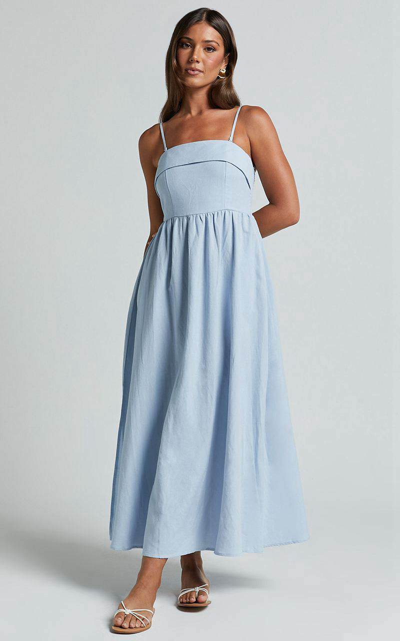 Showpo Carlyn Midi Dress - Linen Look Detachable Straps Blue | CKHJIY421