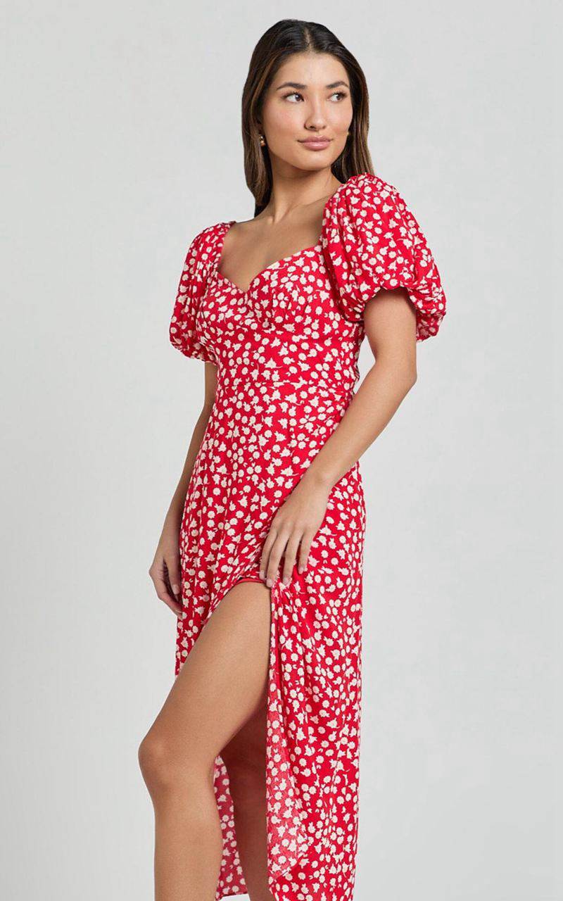 Showpo Carlyn Midi Dress - Sweetheart Puff Sleeve Wrap Dress Red Floral | AHYRMC123