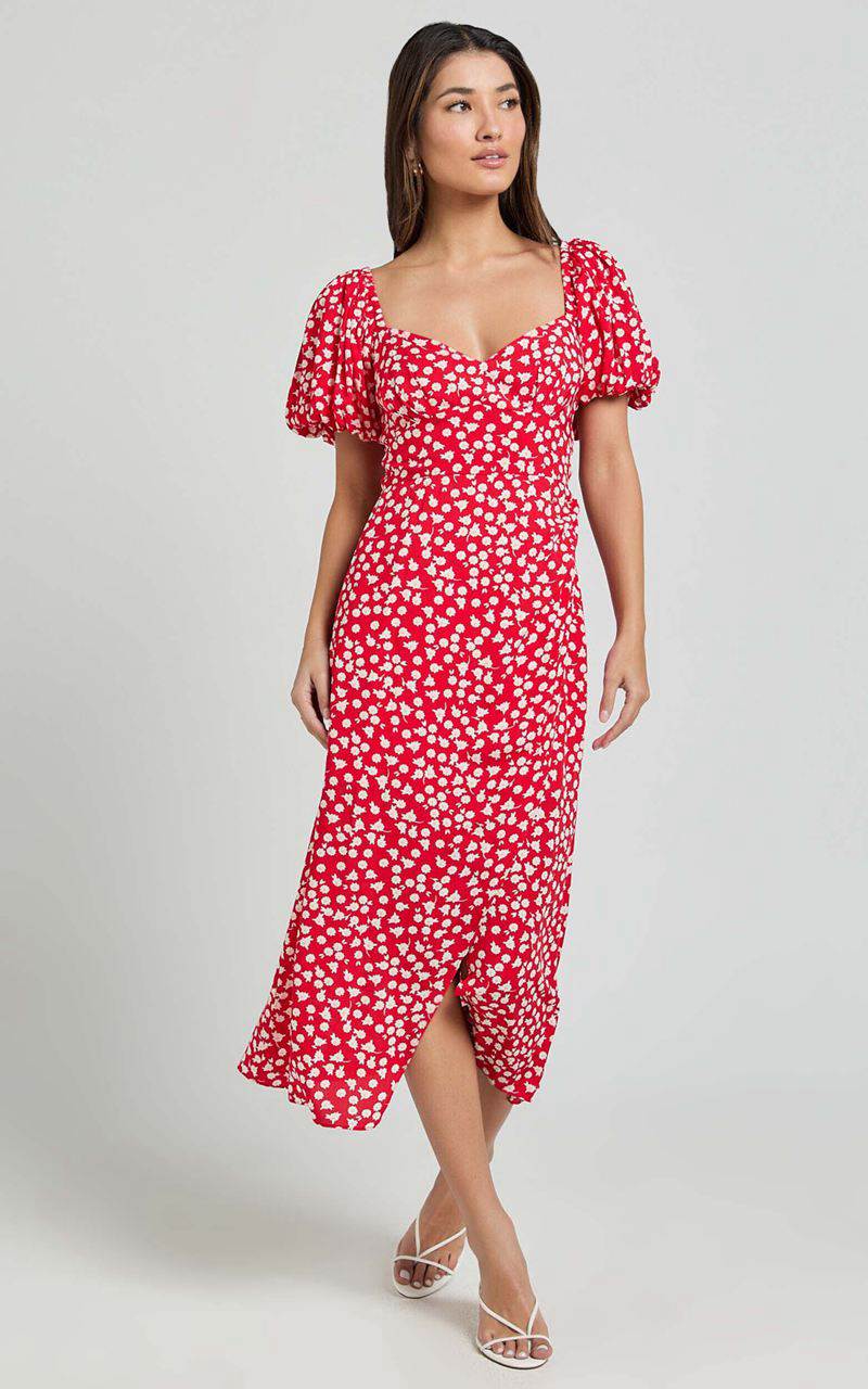 Showpo Carlyn Midi Dress - Sweetheart Puff Sleeve Wrap Dress Red Floral | AHYRMC123