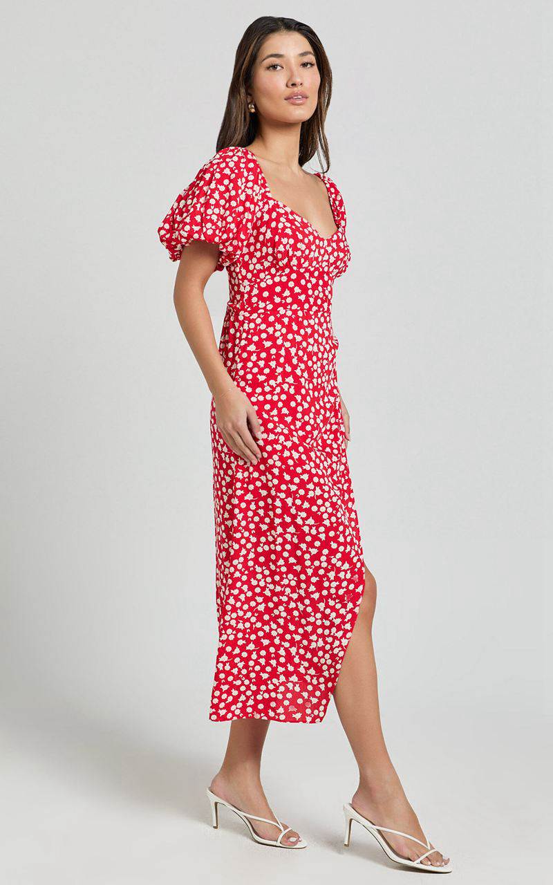 Showpo Carlyn Midi Dress - Sweetheart Puff Sleeve Wrap Dress Red Floral | AHYRMC123