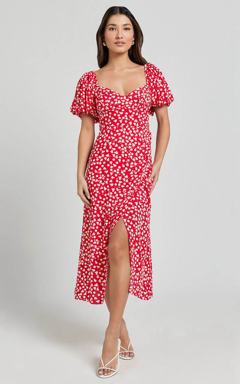 Showpo Carlyn Midi Dress - Sweetheart Puff Sleeve Wrap Dress Red Floral | AHYRMC123