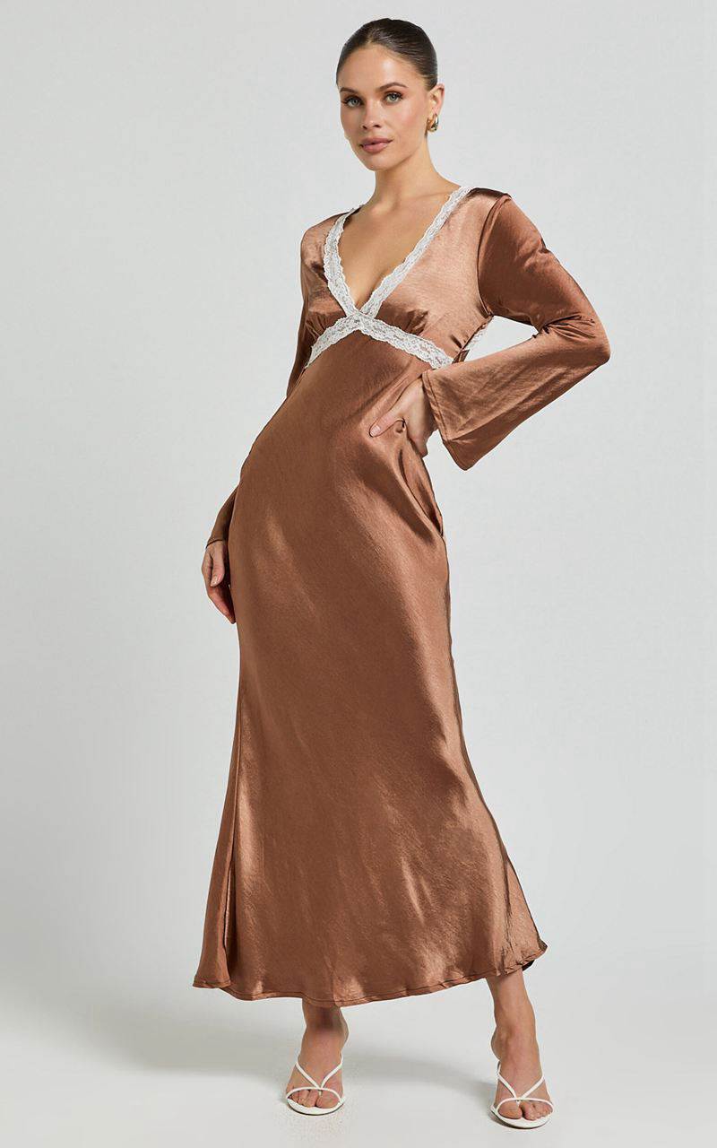 Showpo Carmela Midi Dress - Long Sleeve V Neck Lace Detail Dress Chocolate | LPYRCI684