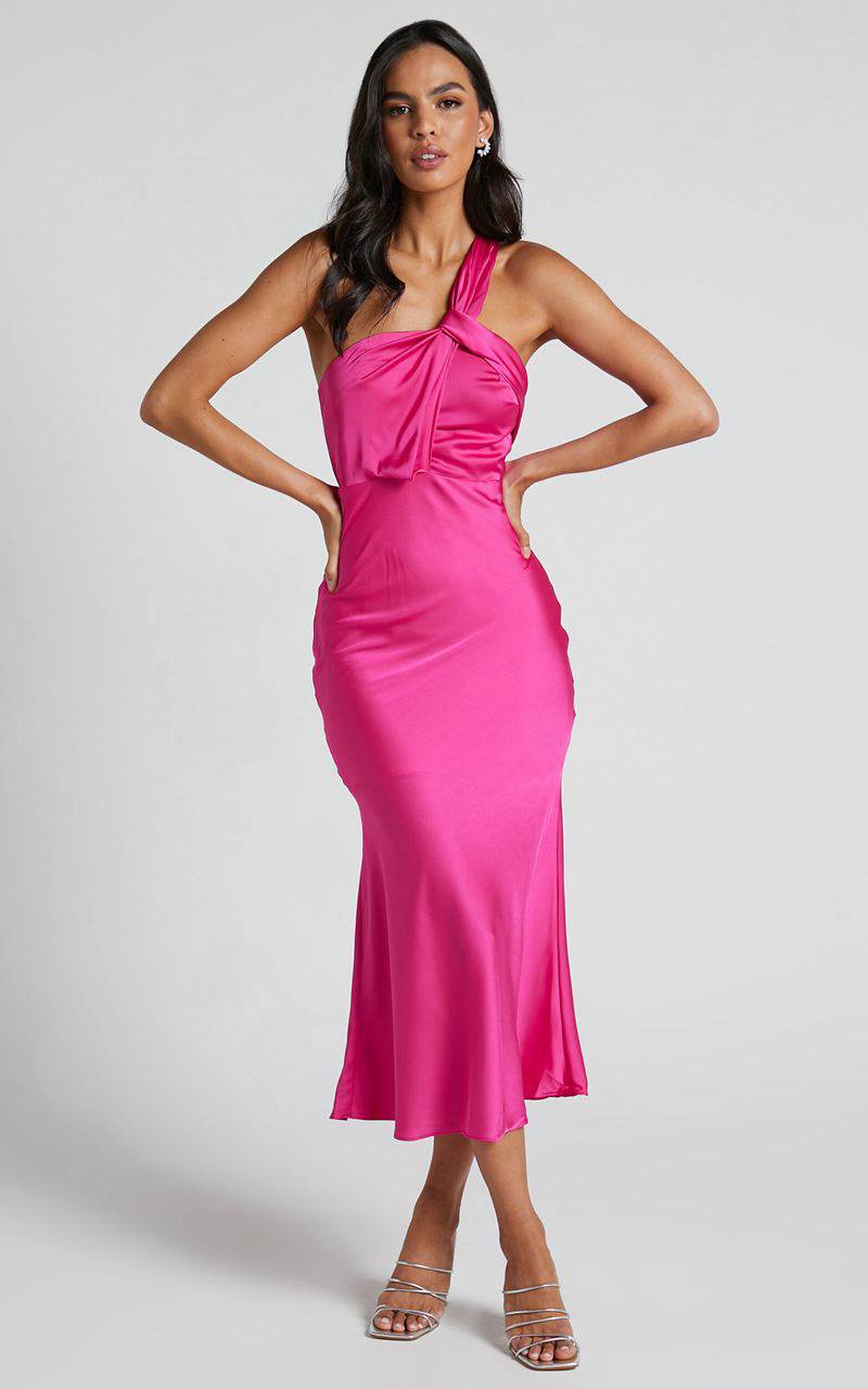 Showpo Carmella Midi Dress - One Shoulder Twist Detail Dress Fuchsia | OAFBMV364