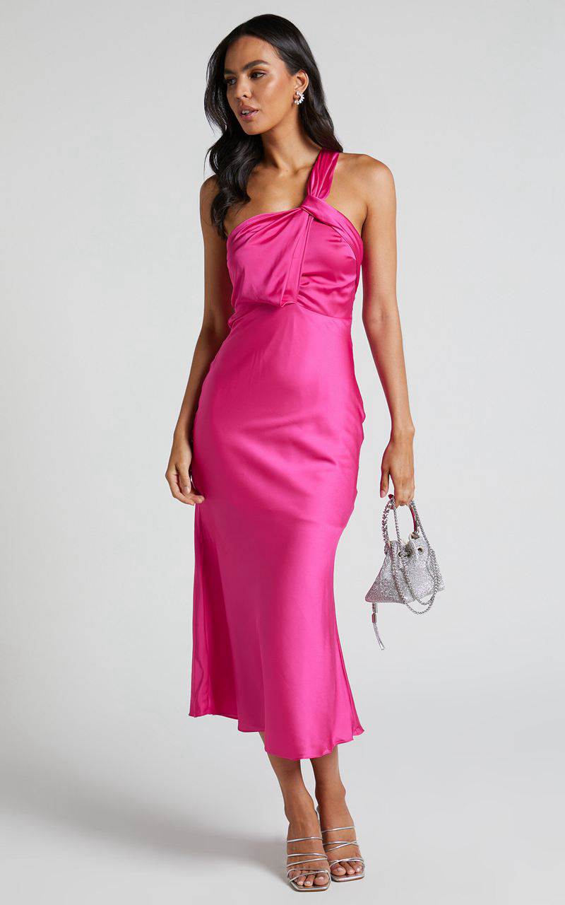 Showpo Carmella Midi Dress - One Shoulder Twist Detail Dress Fuchsia | OAFBMV364