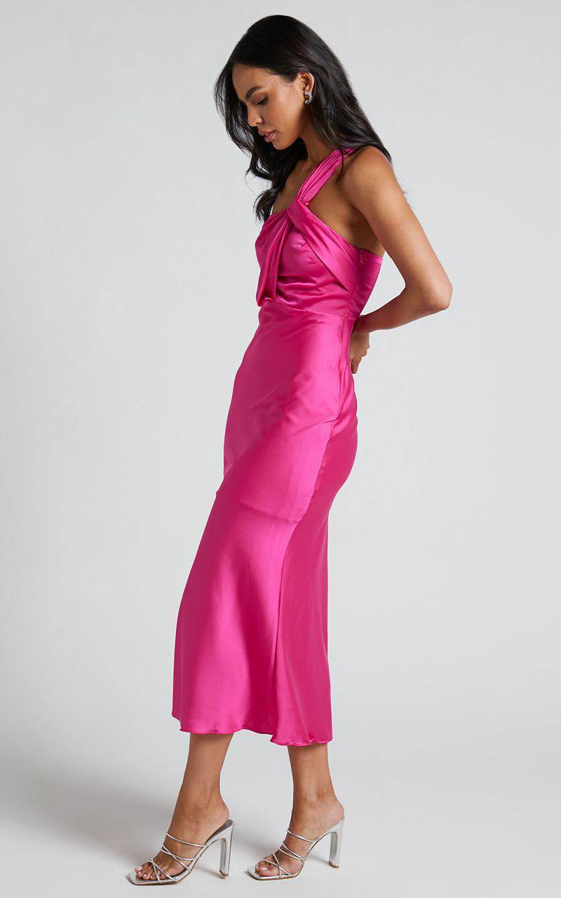 Showpo Carmella Midi Dress - One Shoulder Twist Detail Dress Fuchsia | OAFBMV364