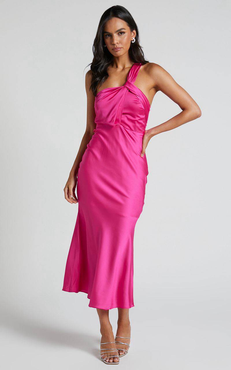 Showpo Carmella Midi Dress - One Shoulder Twist Detail Dress Fuchsia | OAFBMV364