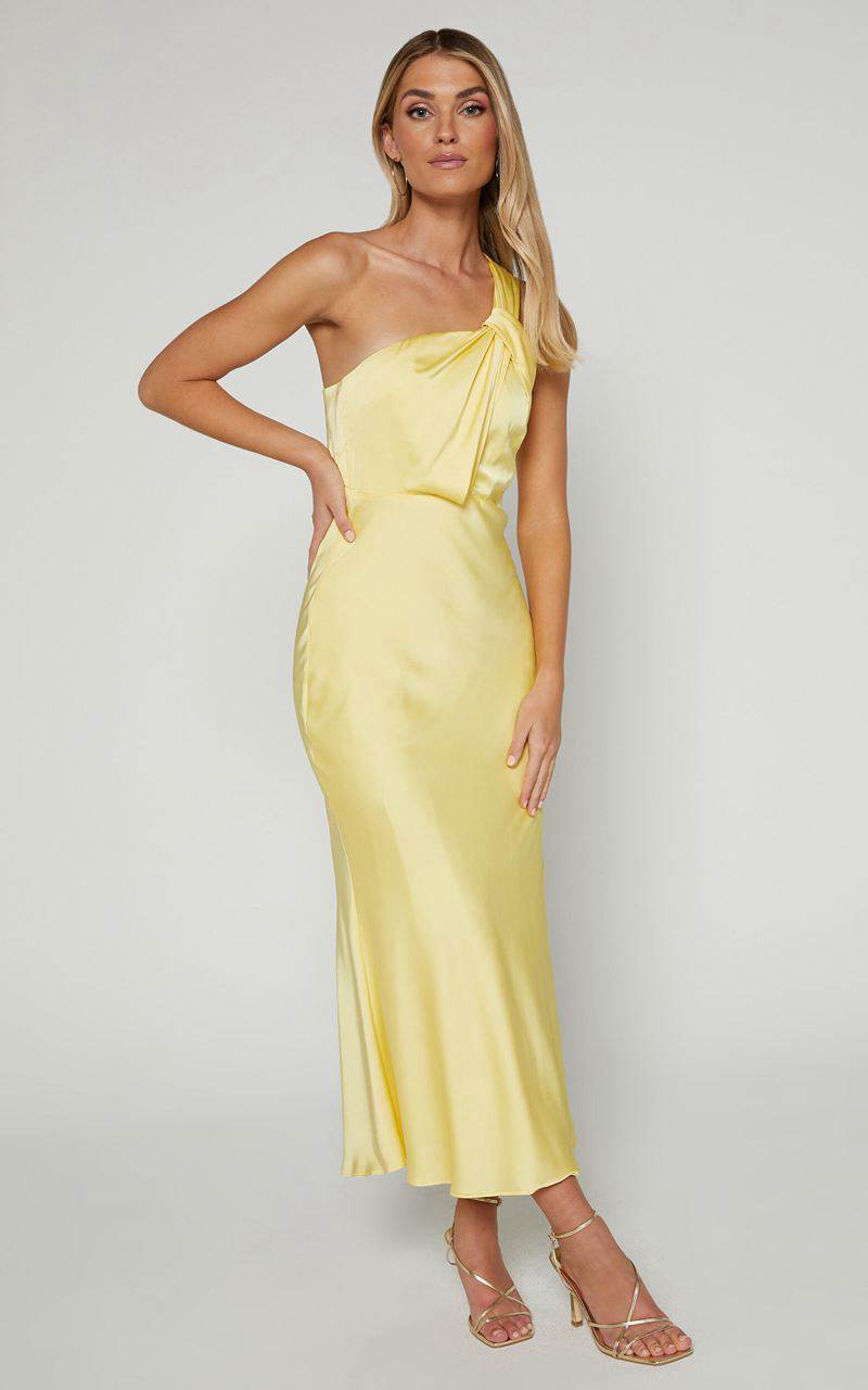 Showpo Carmella Midi Dress - One Shoulder Twist Detail Dress Butter Yellow | UMEZPF984