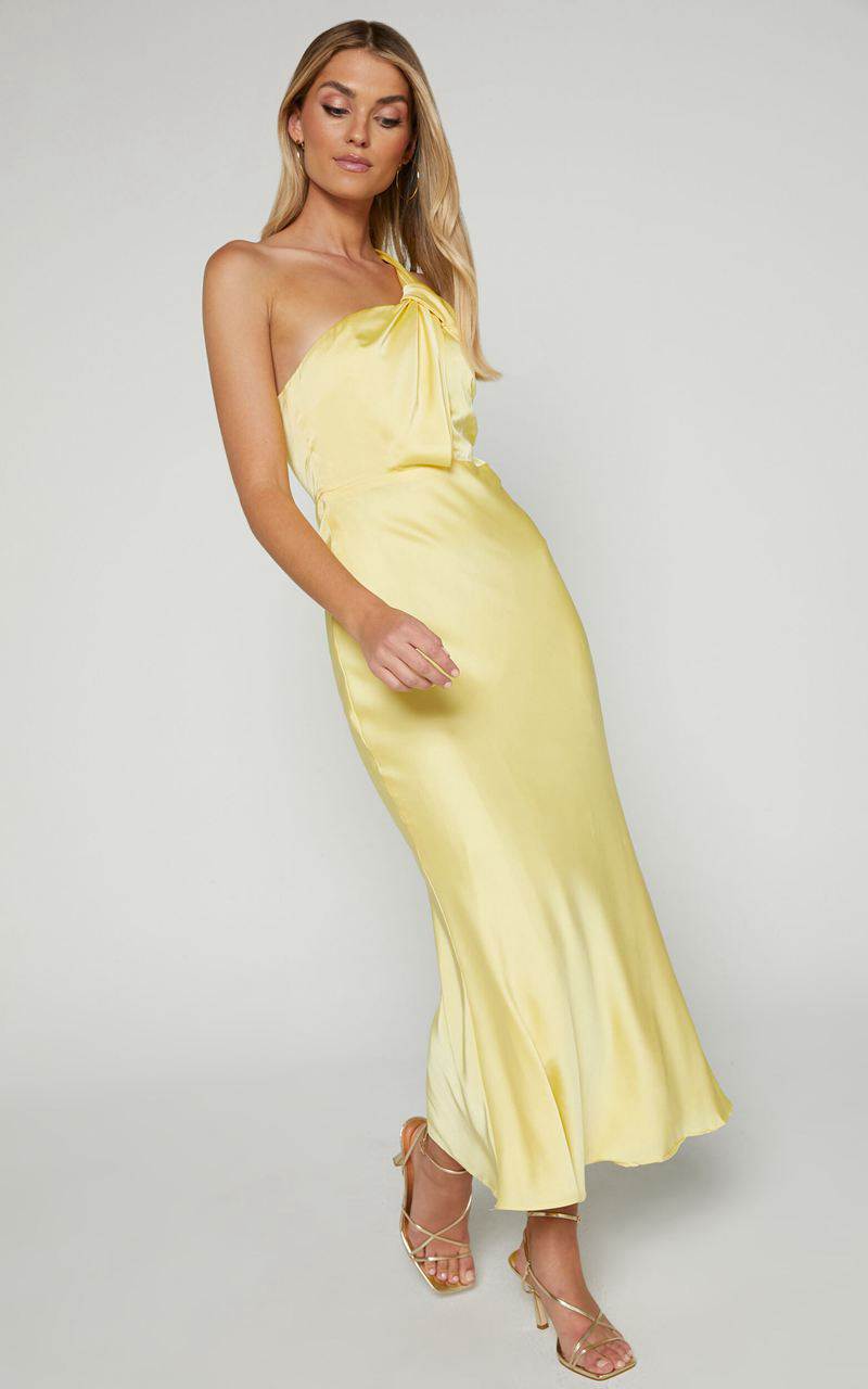 Showpo Carmella Midi Dress - One Shoulder Twist Detail Dress Butter Yellow | UMEZPF984