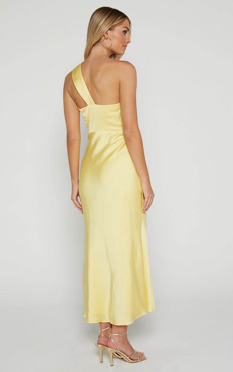 Showpo Carmella Midi Dress - One Shoulder Twist Detail Dress Butter Yellow | UMEZPF984