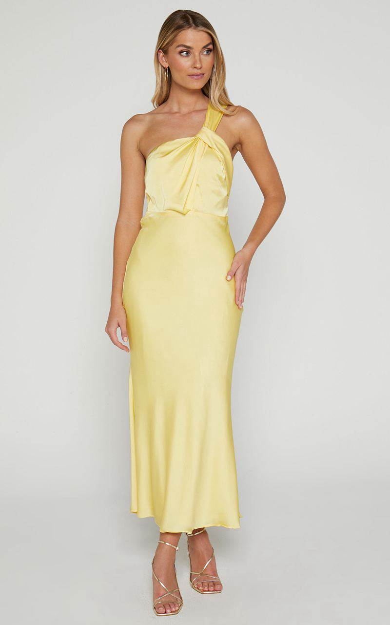 Showpo Carmella Midi Dress - One Shoulder Twist Detail Dress Butter Yellow | UMEZPF984