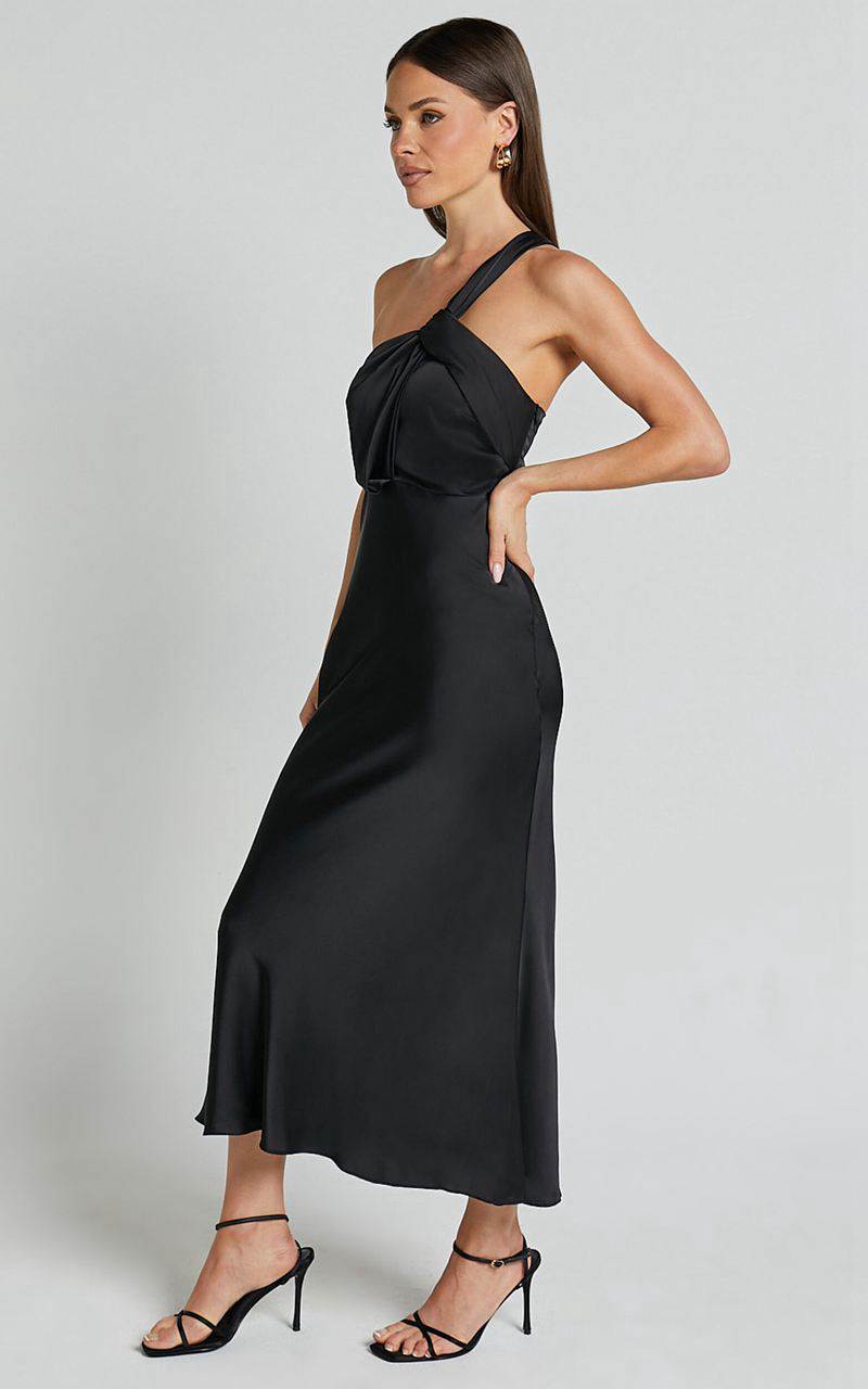 Showpo Carmella Midi Dress - One Shoulder Twist Detail Dress Black | ZYOSLH274