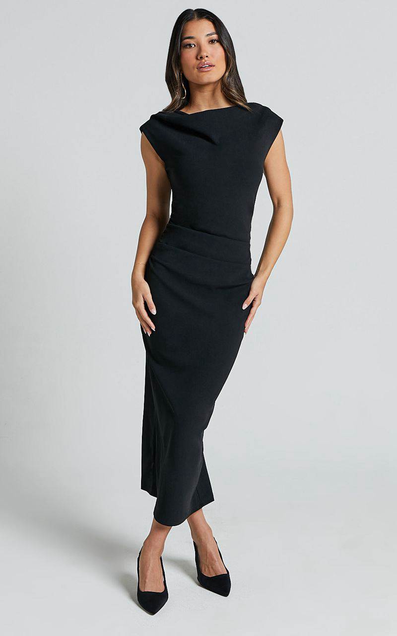 Showpo Carmilette Midi Dress - Cowl Neck Ruched Jersey Dress Black | MQCULZ482