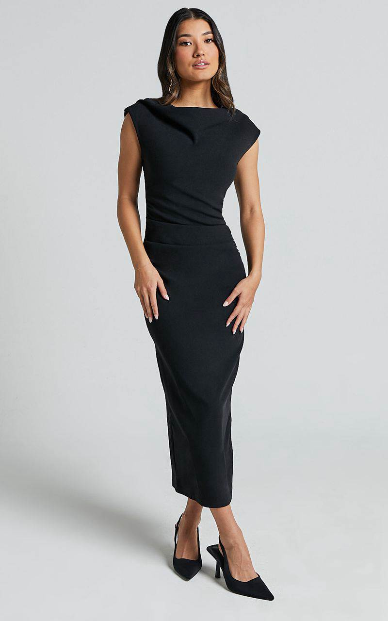 Showpo Carmilette Midi Dress - Cowl Neck Ruched Jersey Dress Black | MQCULZ482