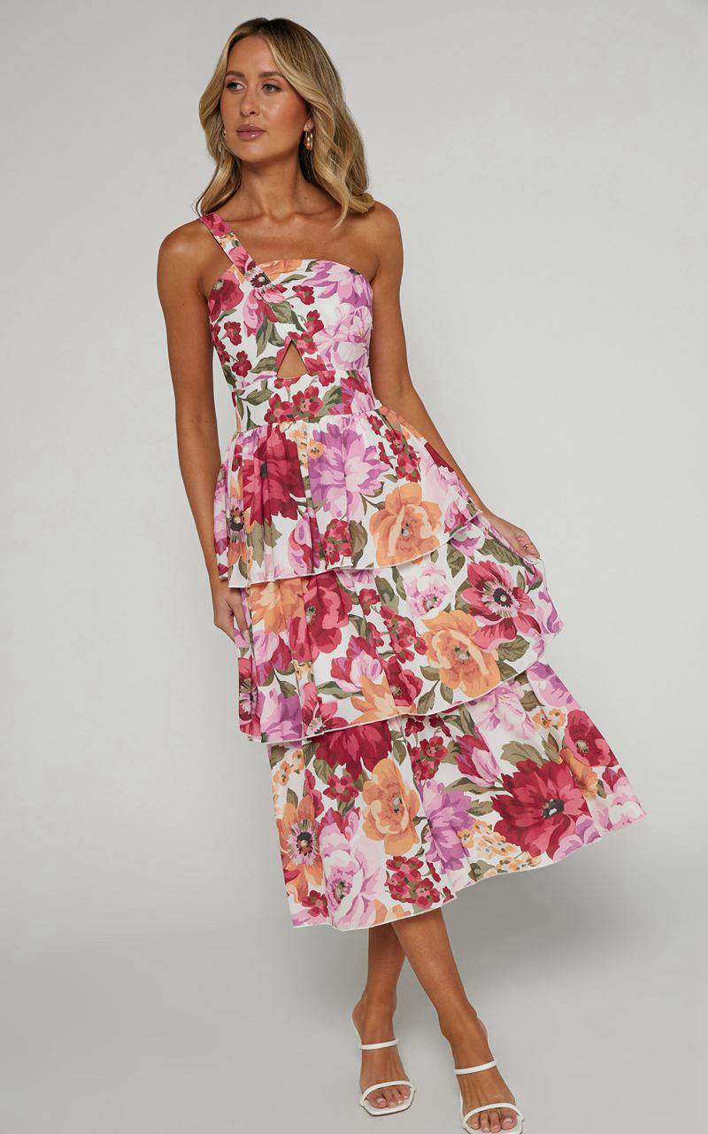 Showpo Caro Midi Dress - One Shoulder Tiered Dress Spring Floral | JTEZBC467