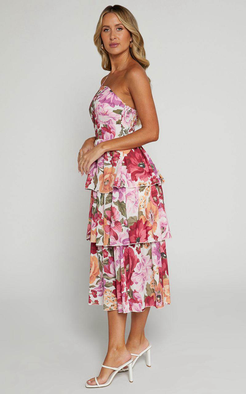 Showpo Caro Midi Dress - One Shoulder Tiered Dress Spring Floral | JTEZBC467