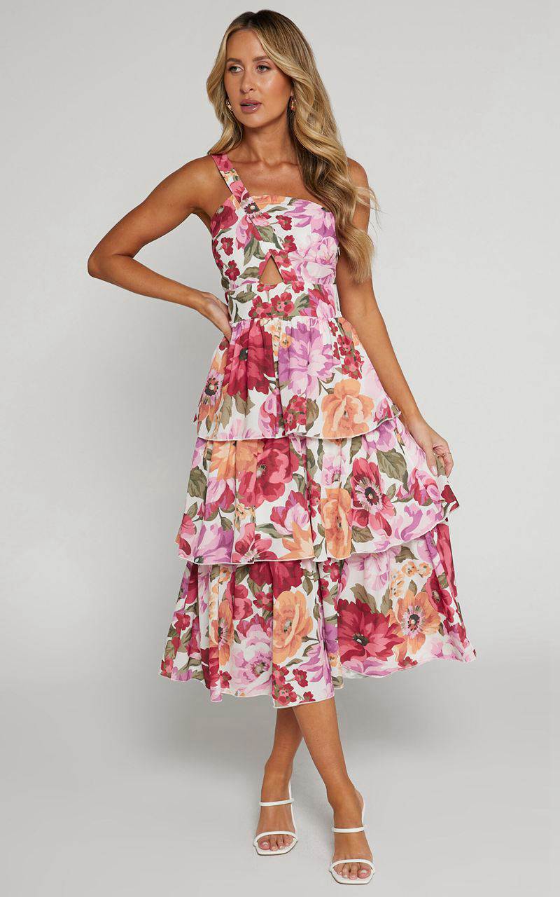 Showpo Caro Midi Dress - One Shoulder Tiered Dress Spring Floral | JTEZBC467