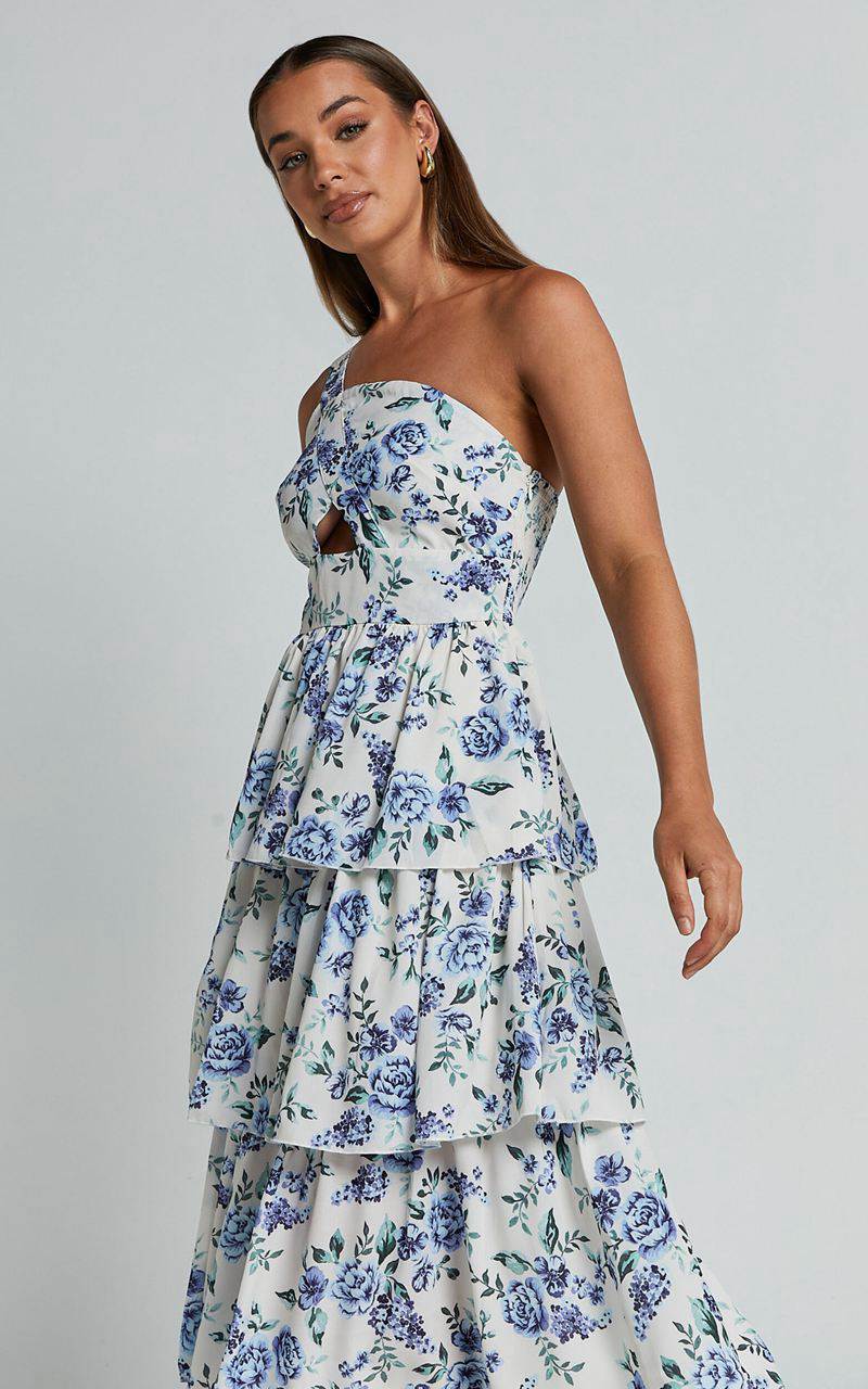 Showpo Caro Midi Dress - One Shoulder Tiered Dress Blue Floral | FNVBZL052