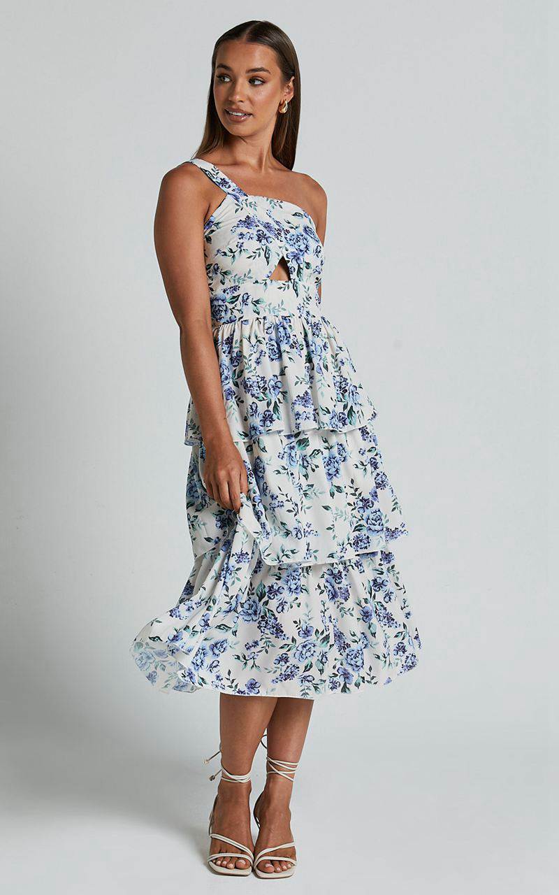 Showpo Caro Midi Dress - One Shoulder Tiered Dress Blue Floral | FNVBZL052