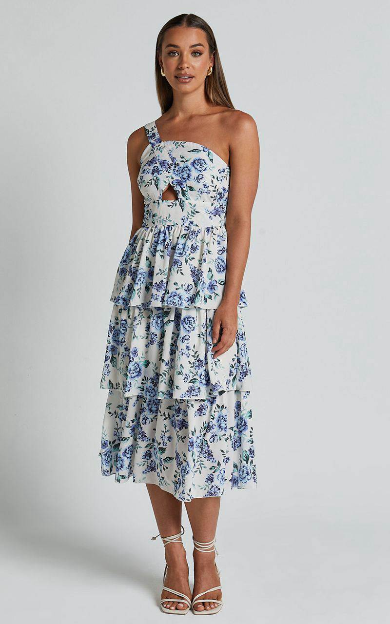 Showpo Caro Midi Dress - One Shoulder Tiered Dress Blue Floral | FNVBZL052