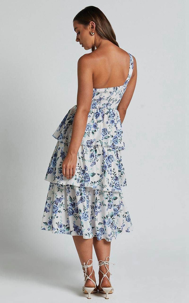 Showpo Caro Midi Dress - One Shoulder Tiered Dress Blue Floral | FNVBZL052