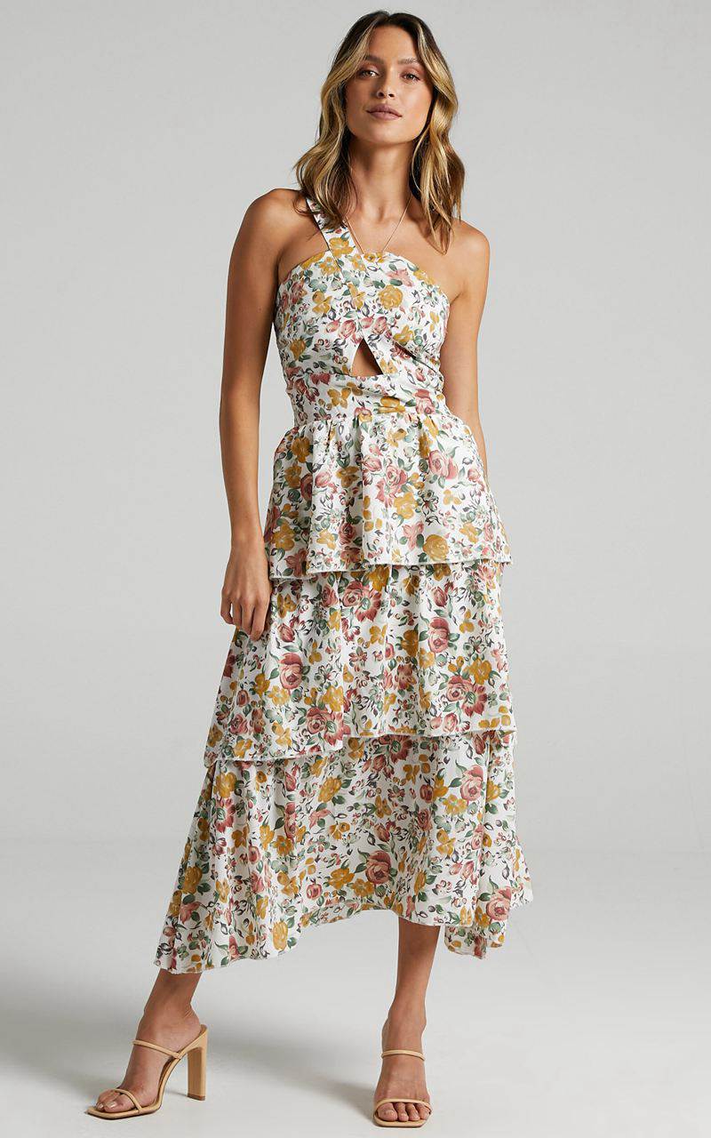 Showpo Caro Midi Dress - One Shoulder Tiered Dress Multi Floral | BSHUPO531