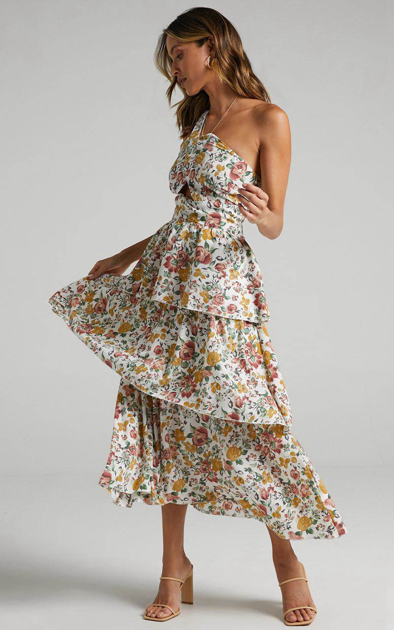 Showpo Caro Midi Dress - One Shoulder Tiered Dress Multi Floral | BSHUPO531