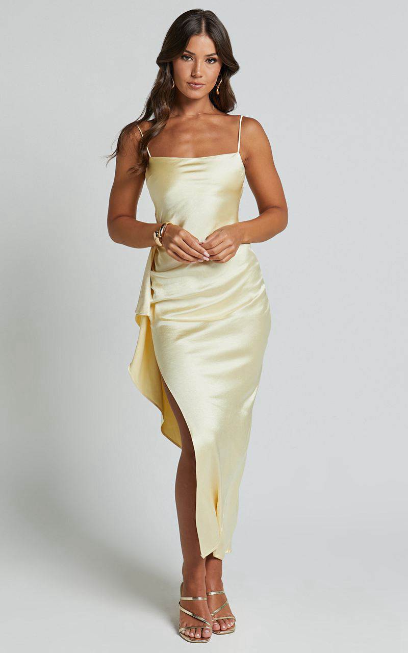 Showpo Carolina Maxi Dress - Frill Detail Satin Square Neck Dress Lemon | WXQYCK701