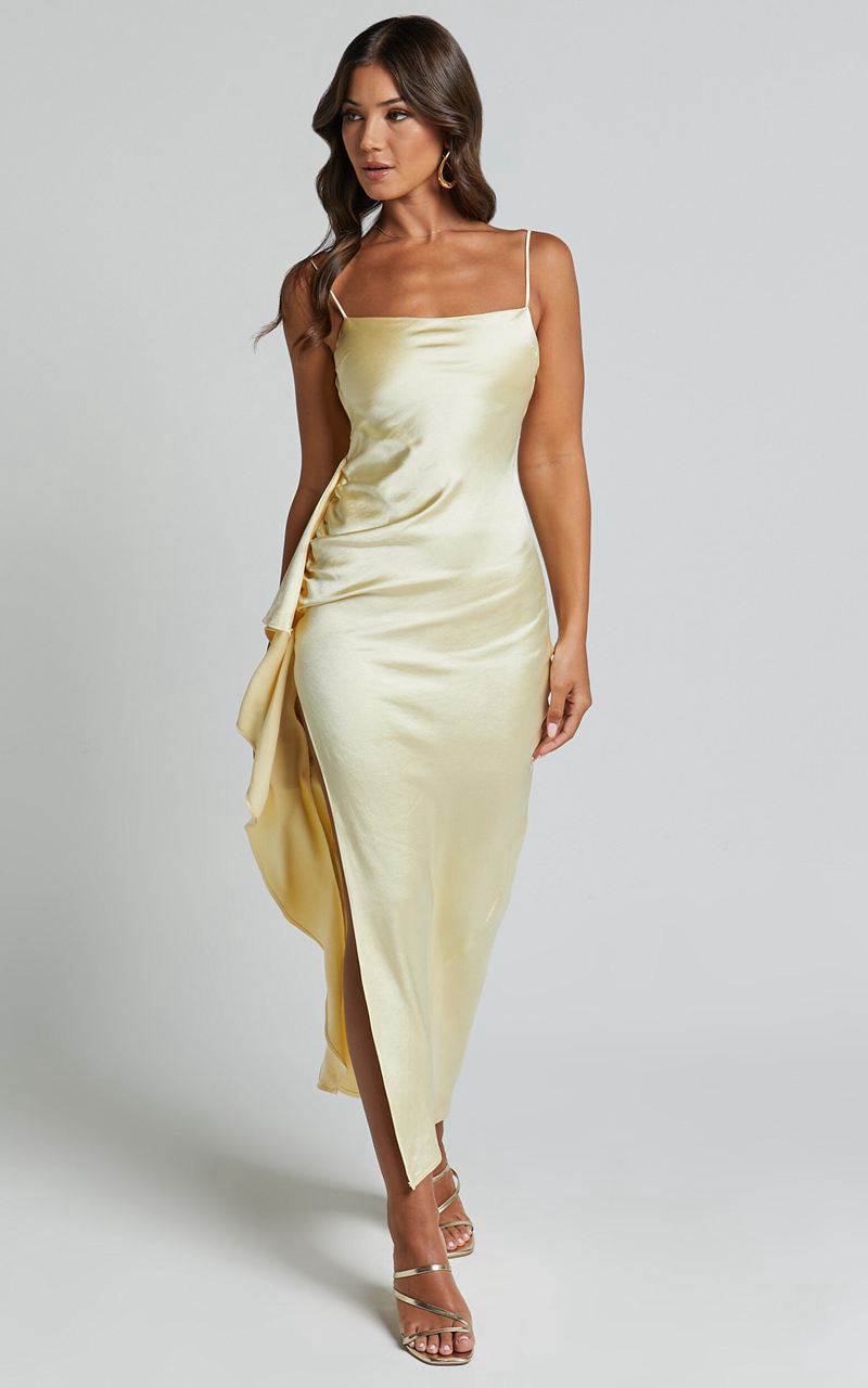 Showpo Carolina Maxi Dress - Frill Detail Satin Square Neck Dress Lemon | WXQYCK701