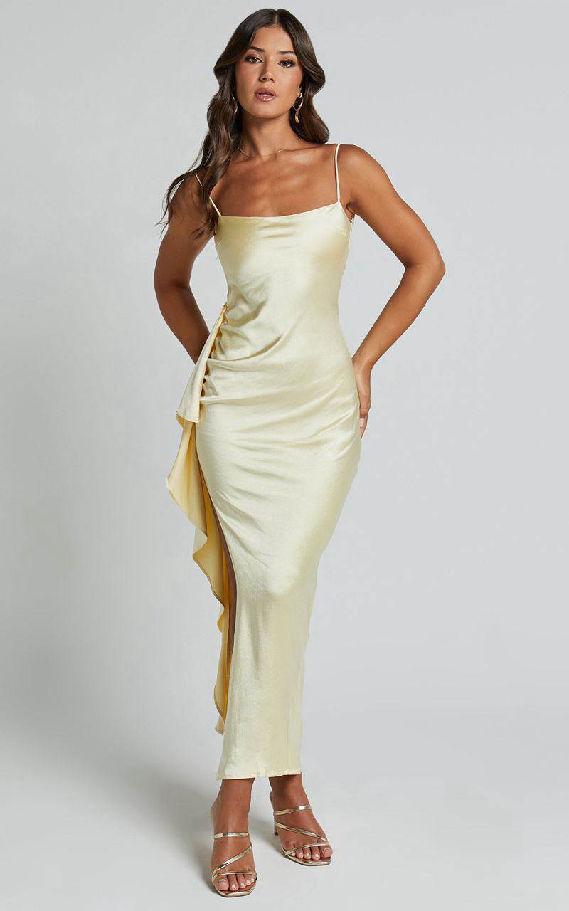 Showpo Carolina Maxi Dress - Frill Detail Satin Square Neck Dress Lemon | WXQYCK701