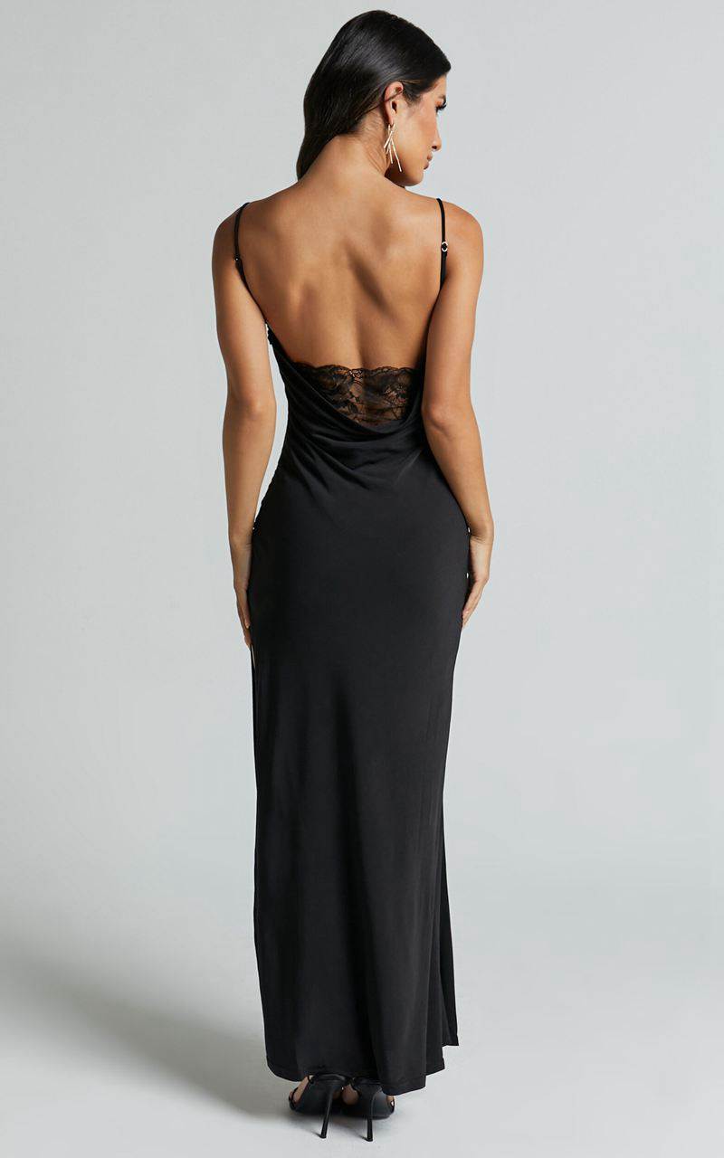 Showpo Carrie Maxi Dress - Cowl Back Lace Insert Dress Black | OCSYGI352