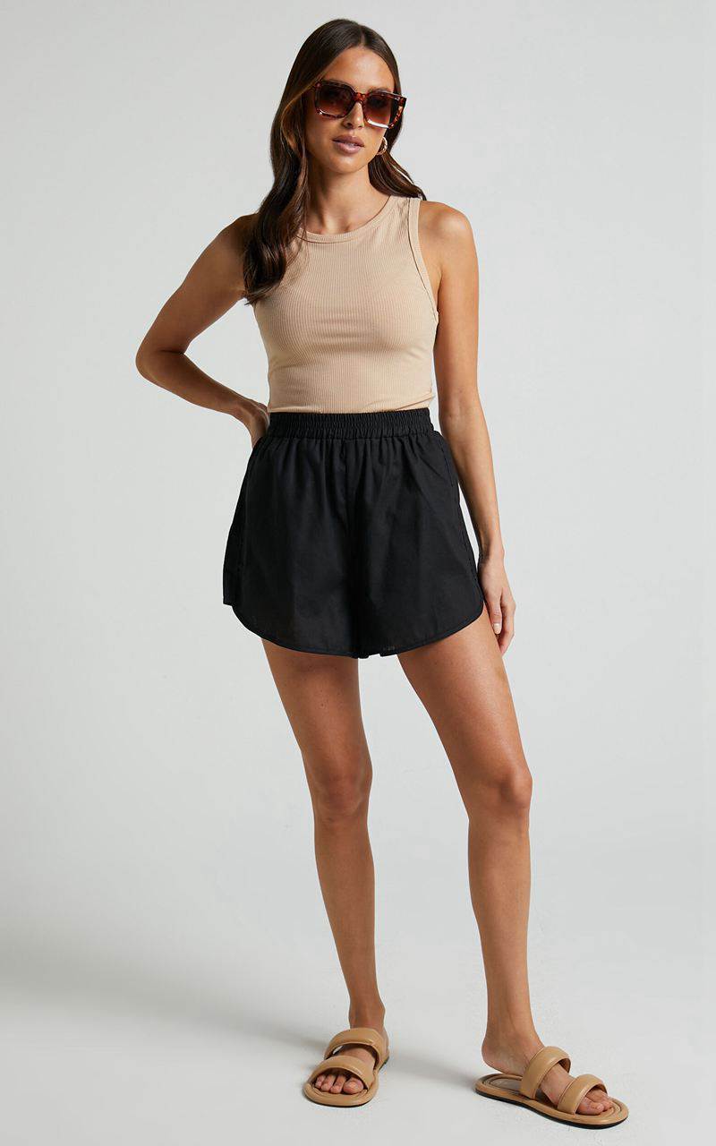 Showpo Cartia Short - Linen Look Elasticated Curved Hem Soft Shorts Black | DPNWBF280