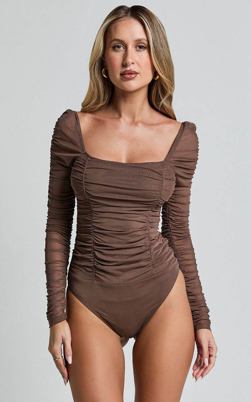 Showpo Casen Bodysuit - Long Sleeve Ruched Mesh Bodysuit Chocolate | NISEUZ129