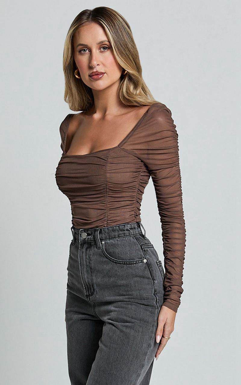 Showpo Casen Bodysuit - Long Sleeve Ruched Mesh Bodysuit Chocolate | NISEUZ129