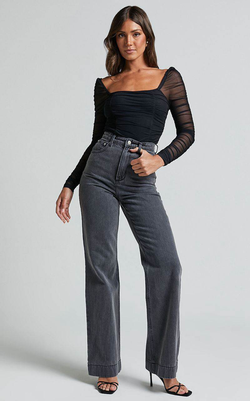 Showpo Casen Bodysuit - Long Sleeve Ruched Mesh Bodysuit Black | NLKDHW371