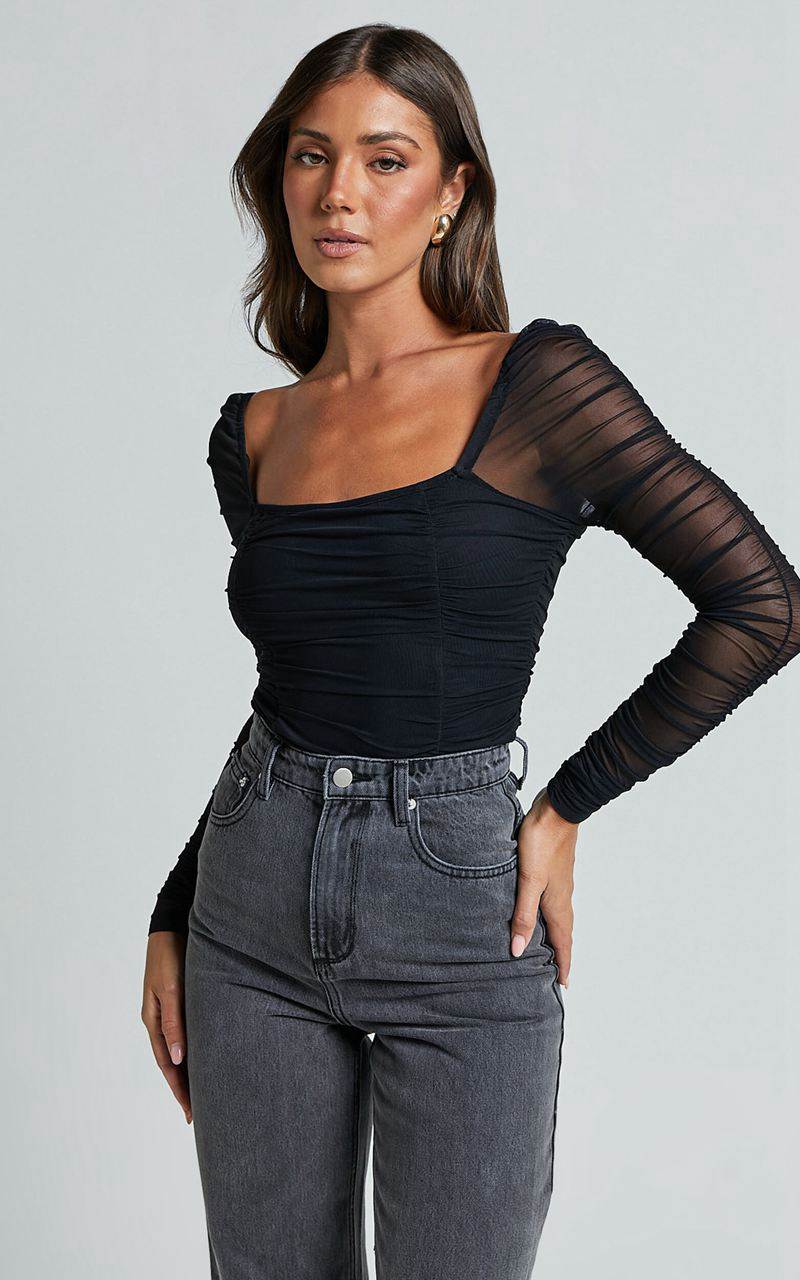 Showpo Casen Bodysuit - Long Sleeve Ruched Mesh Bodysuit Black | NLKDHW371