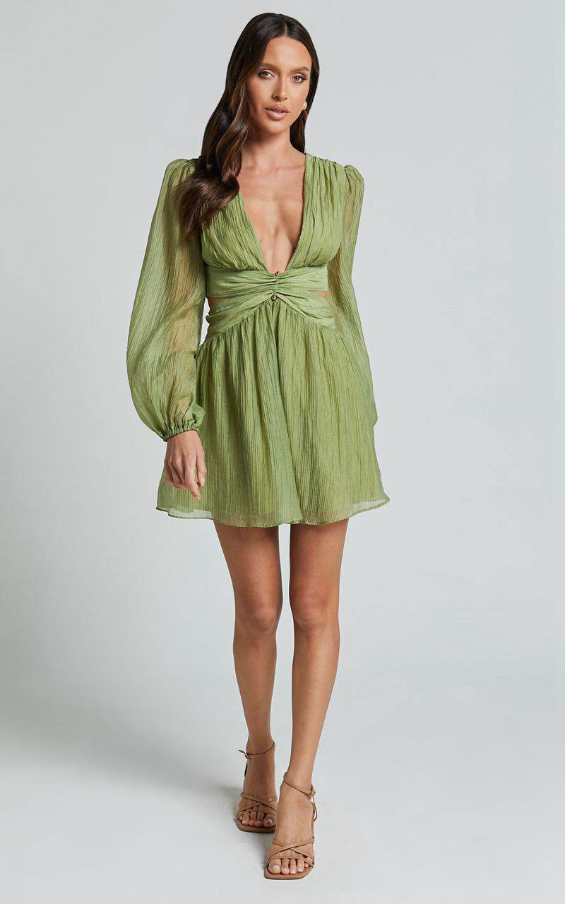 Showpo Casey Mini Dress - Plunge Neck Puff Long Sleeve Dress Sage | XZKQPV641