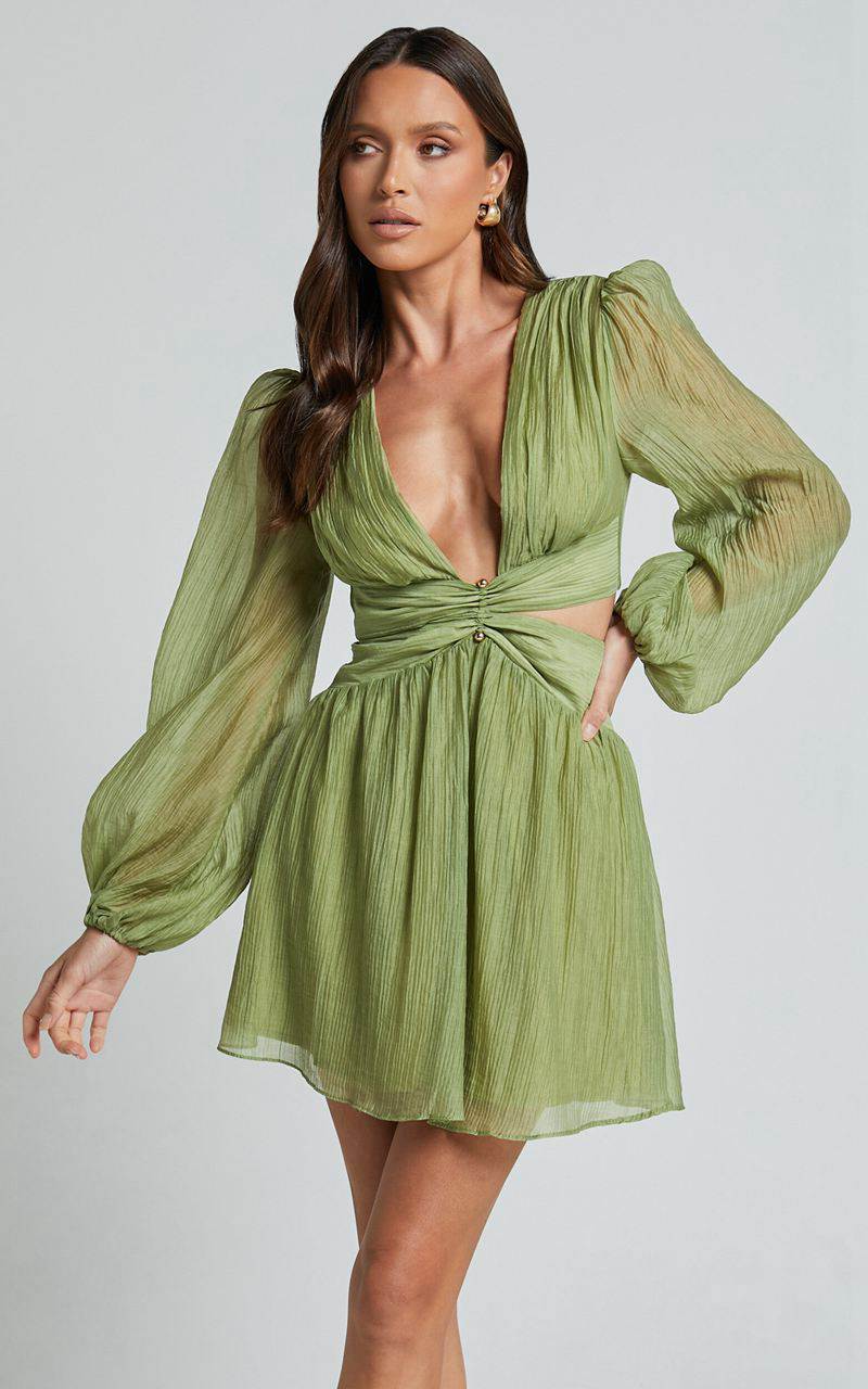 Showpo Casey Mini Dress - Plunge Neck Puff Long Sleeve Dress Sage | XZKQPV641