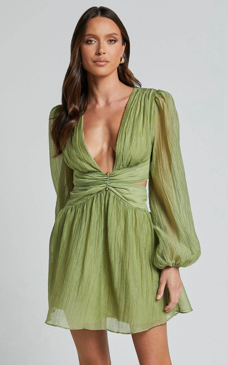 Showpo Casey Mini Dress - Plunge Neck Puff Long Sleeve Dress Sage | XZKQPV641