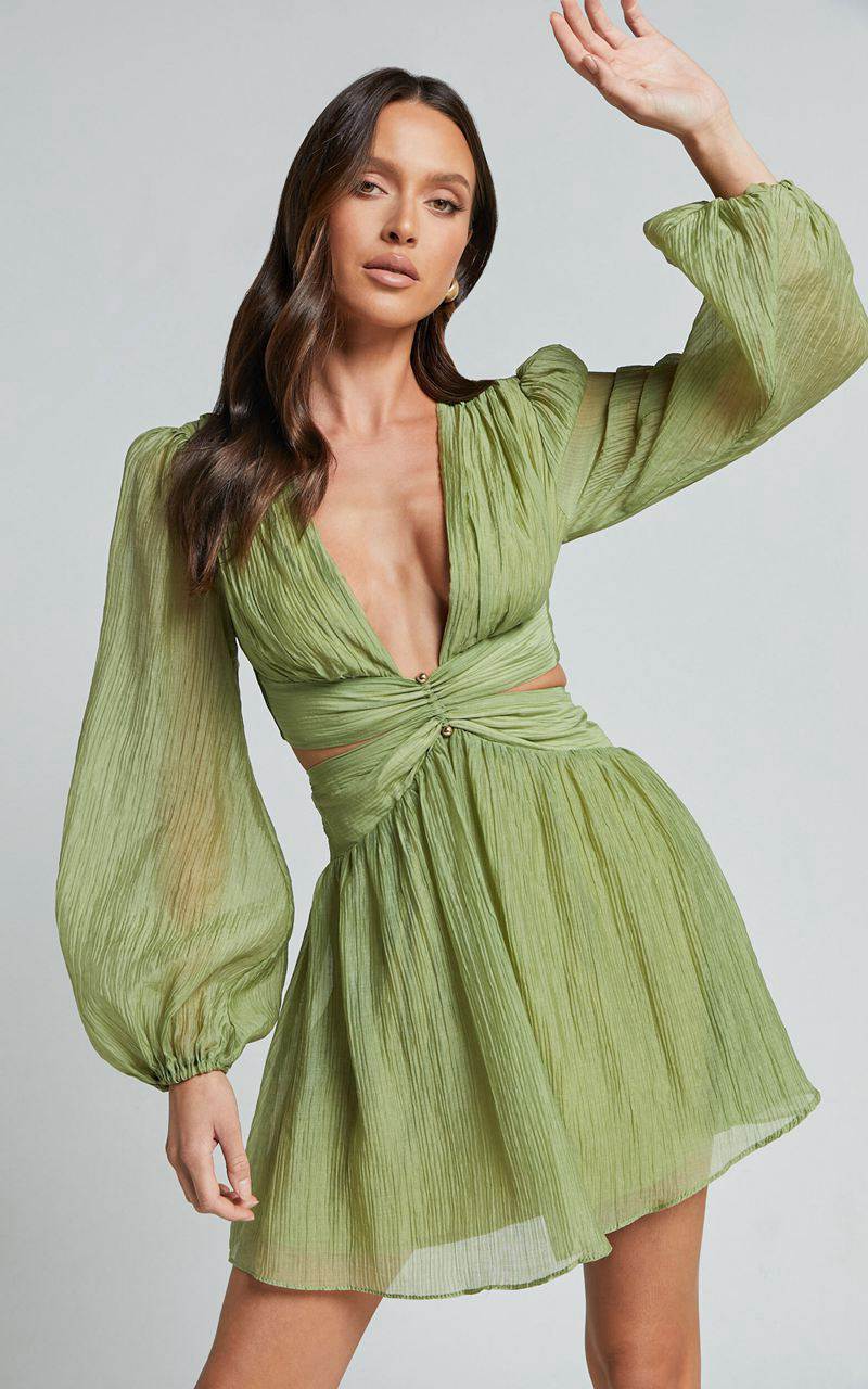 Showpo Casey Mini Dress - Plunge Neck Puff Long Sleeve Dress Sage | XZKQPV641