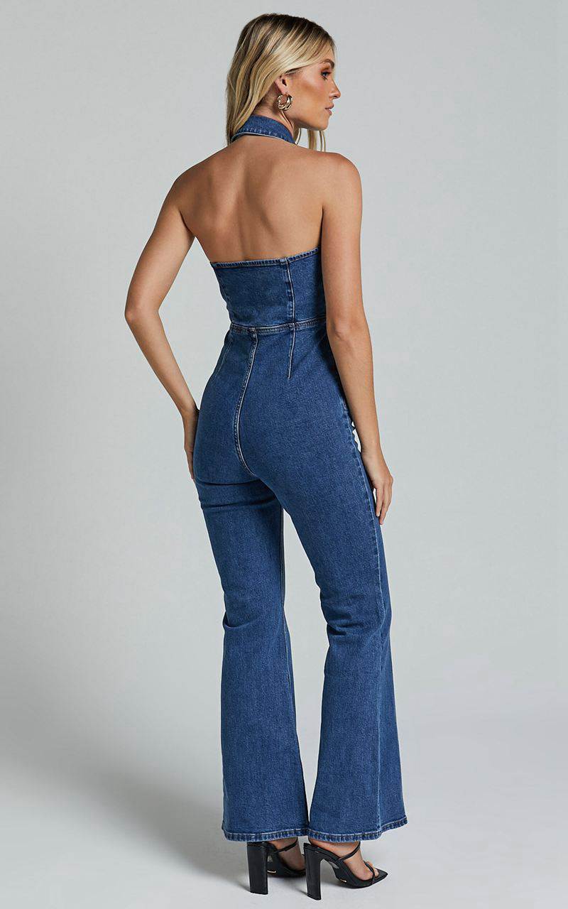 Showpo Casidy Jumpsuit - Zip Front Collared Halter Neck Denim Mid Blue Wash | TEVUPF392