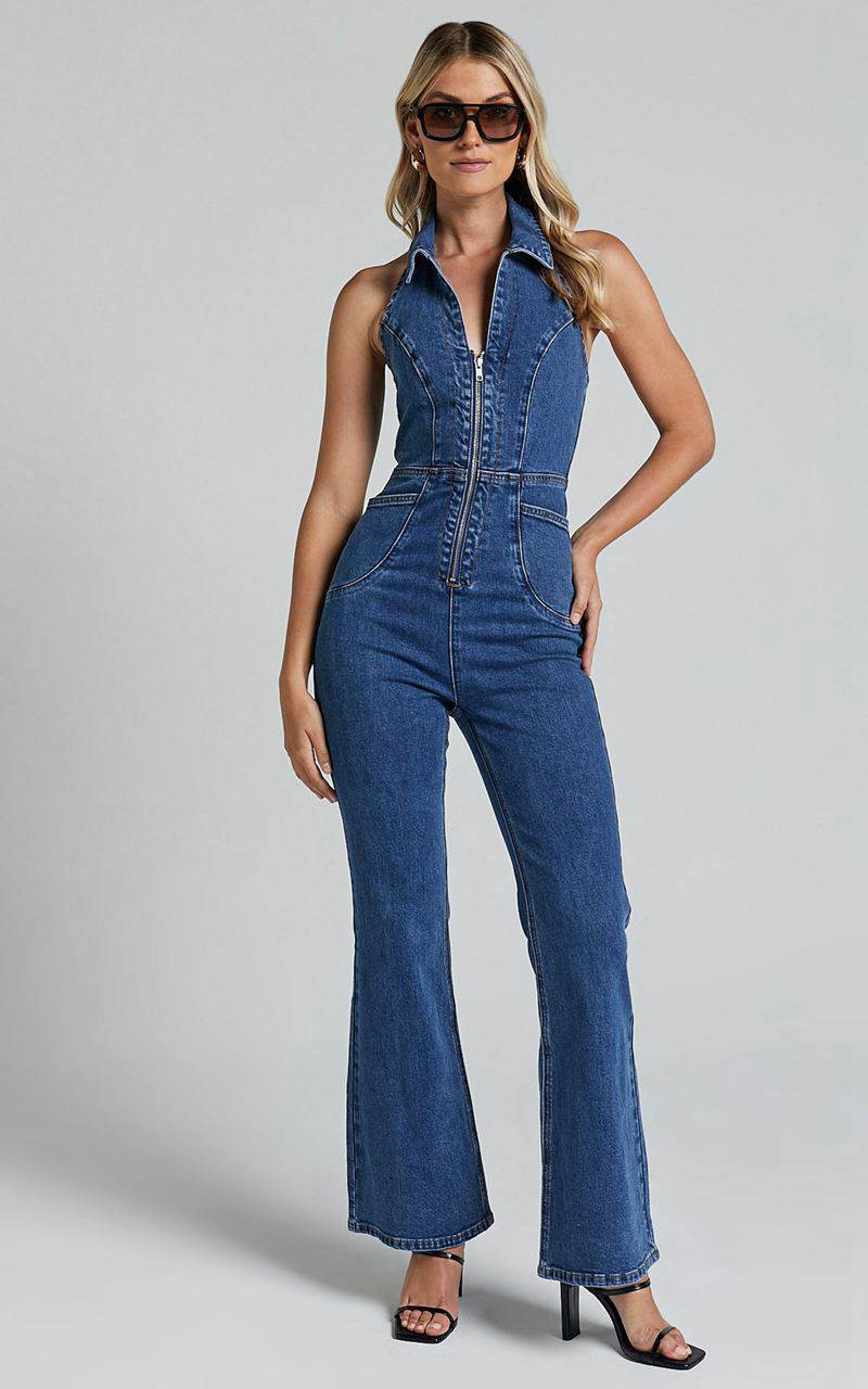 Showpo Casidy Jumpsuit - Zip Front Collared Halter Neck Denim Mid Blue Wash | TEVUPF392