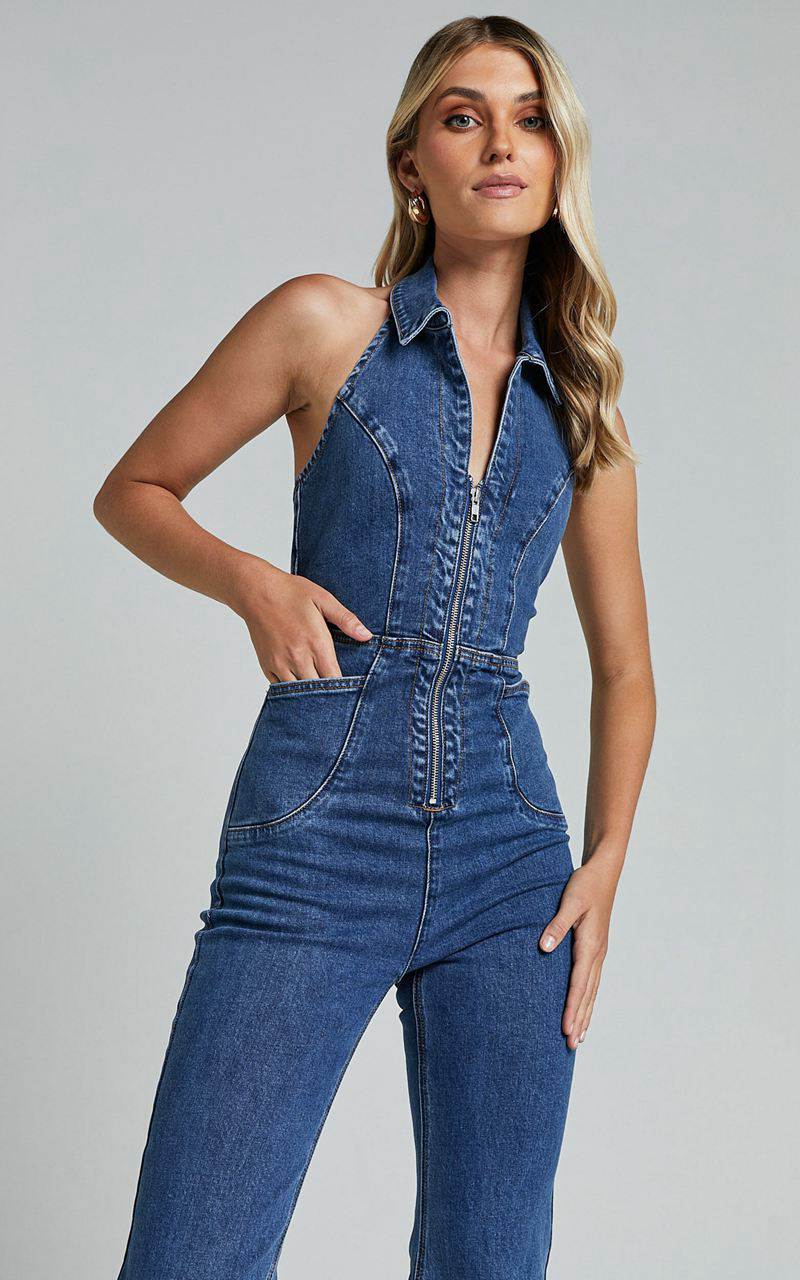 Showpo Casidy Jumpsuit - Zip Front Collared Halter Neck Denim Mid Blue Wash | TEVUPF392