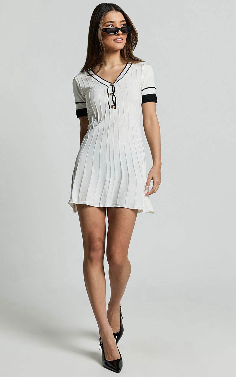 Showpo Cassandra Mini Dress - Knit Contrast Mini Dress Ivory Black | GCHBNA738