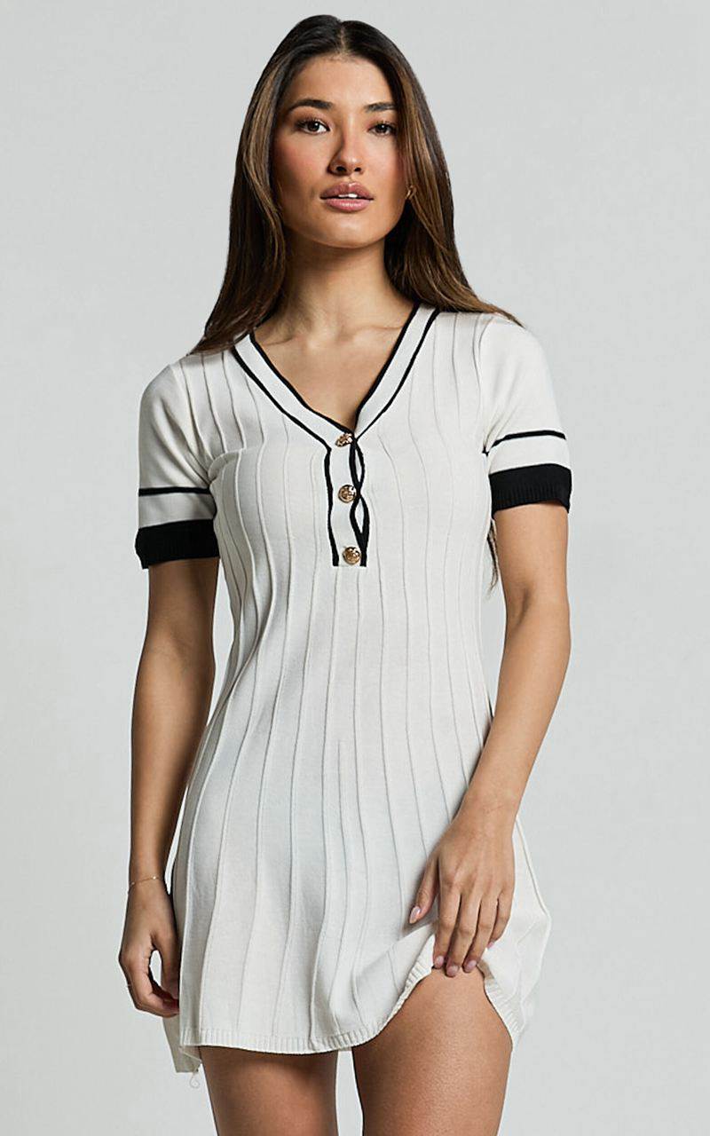 Showpo Cassandra Mini Dress - Knit Contrast Mini Dress Ivory Black | GCHBNA738