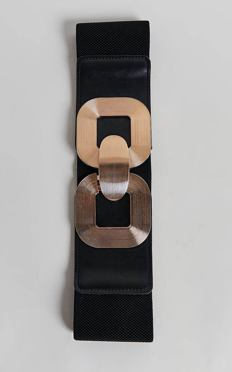 Showpo Cassia Belt - Gold Buckle Detail Waist Belt Black & Gold | TAMJKV867