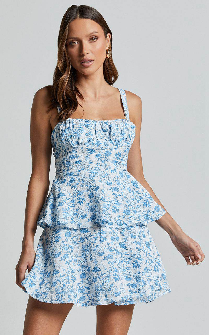 Showpo Cassia Mini Dress - Ruched Bust Sleeveless Layered Dress Blue And White Print | XCNDAM154