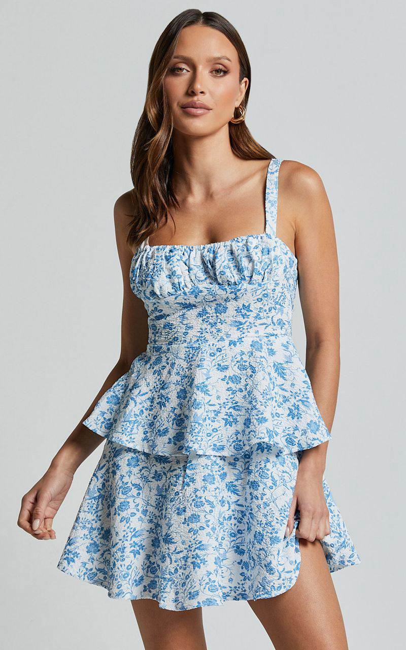 Showpo Cassia Mini Dress - Ruched Bust Sleeveless Layered Dress Blue And White Print | XCNDAM154