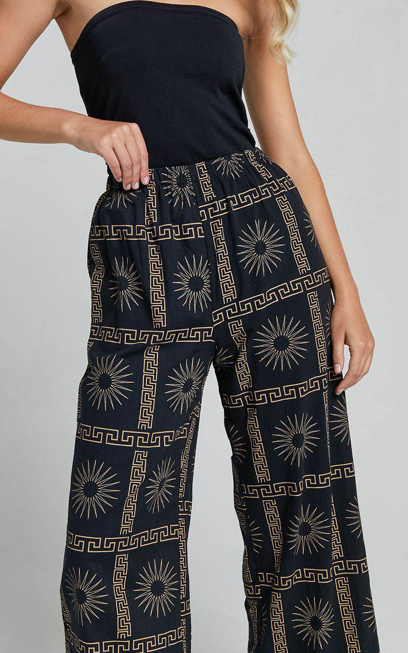 Showpo Cassidy Pant - Elasticated Linen Look Pants Black Sun Print | XUFOJT271