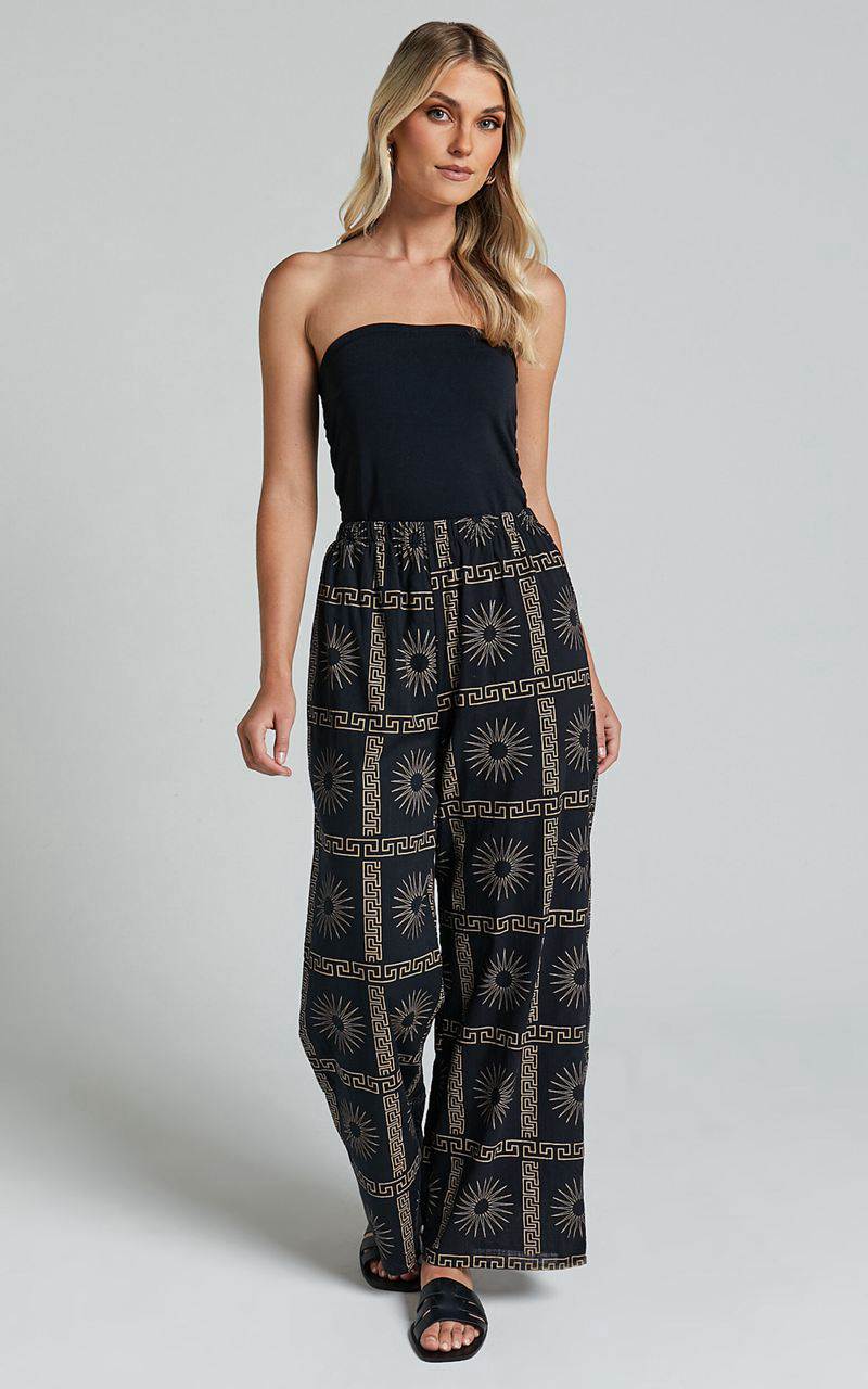 Showpo Cassidy Pant - Elasticated Linen Look Pants Black Sun Print | XUFOJT271